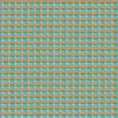 Floral textile pattern in turquoise, orange, green, gray, and light blue with woven grid texture and geometric flower shapes.